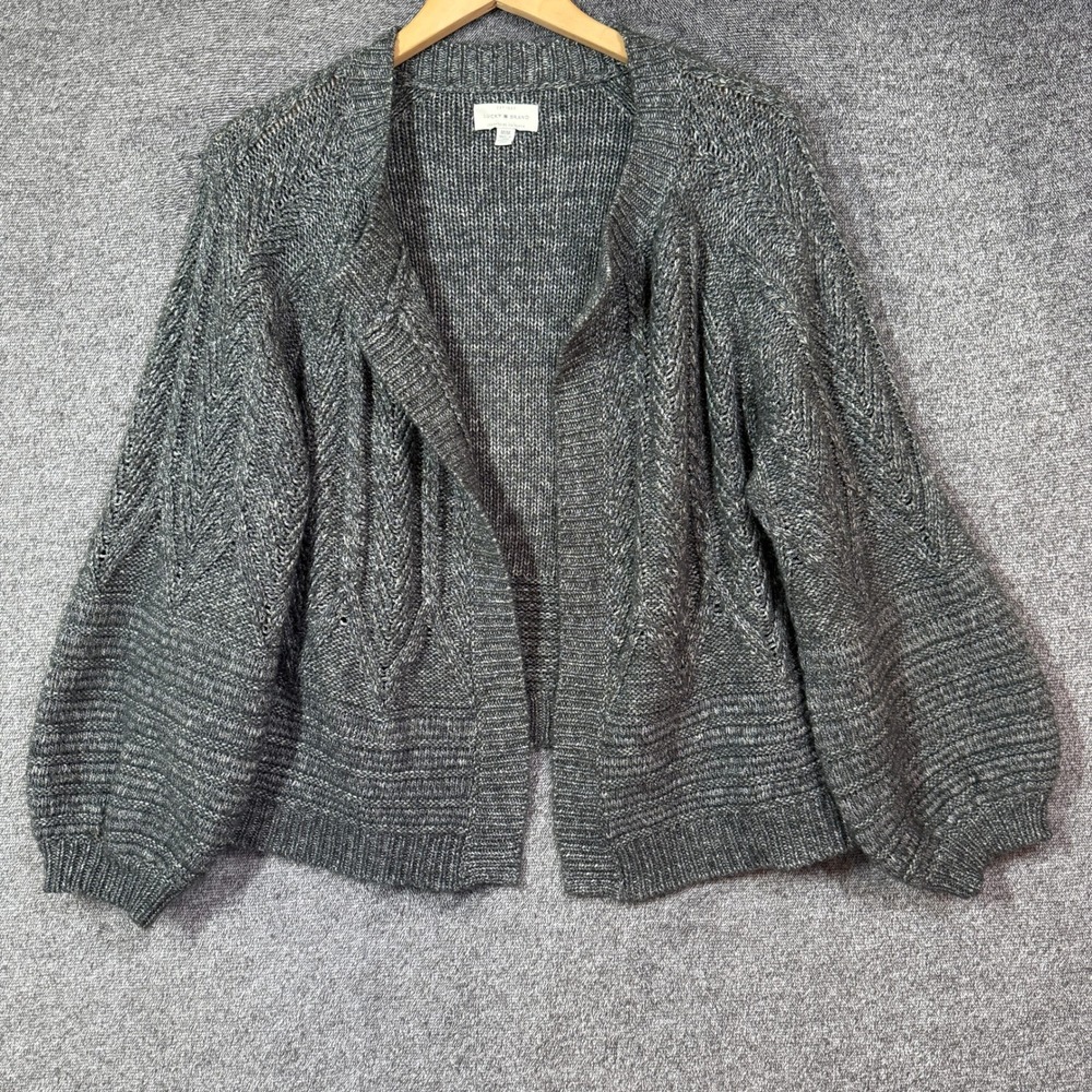 Lucky Brand Cardigan Sweater Womens M Gray Marl Open Front Chunky Knit